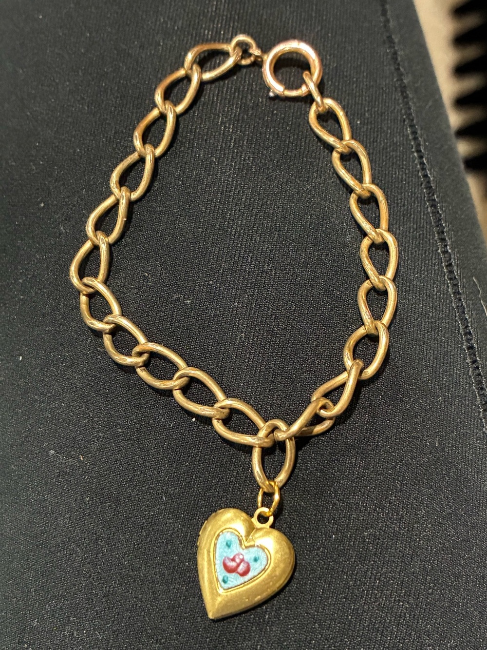 Antique Gold Filled Chain Bracelet with Guilloche enamel heart locket charm